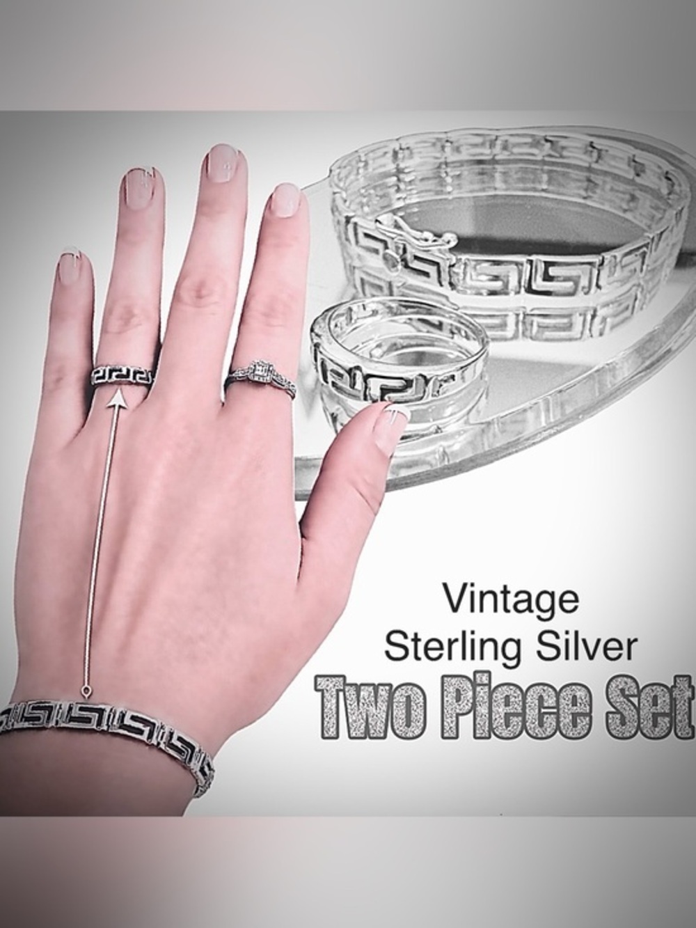 Greek 925 Sterling Vintage Key Link Bracelet & Ring 2PC Set Ex Cond